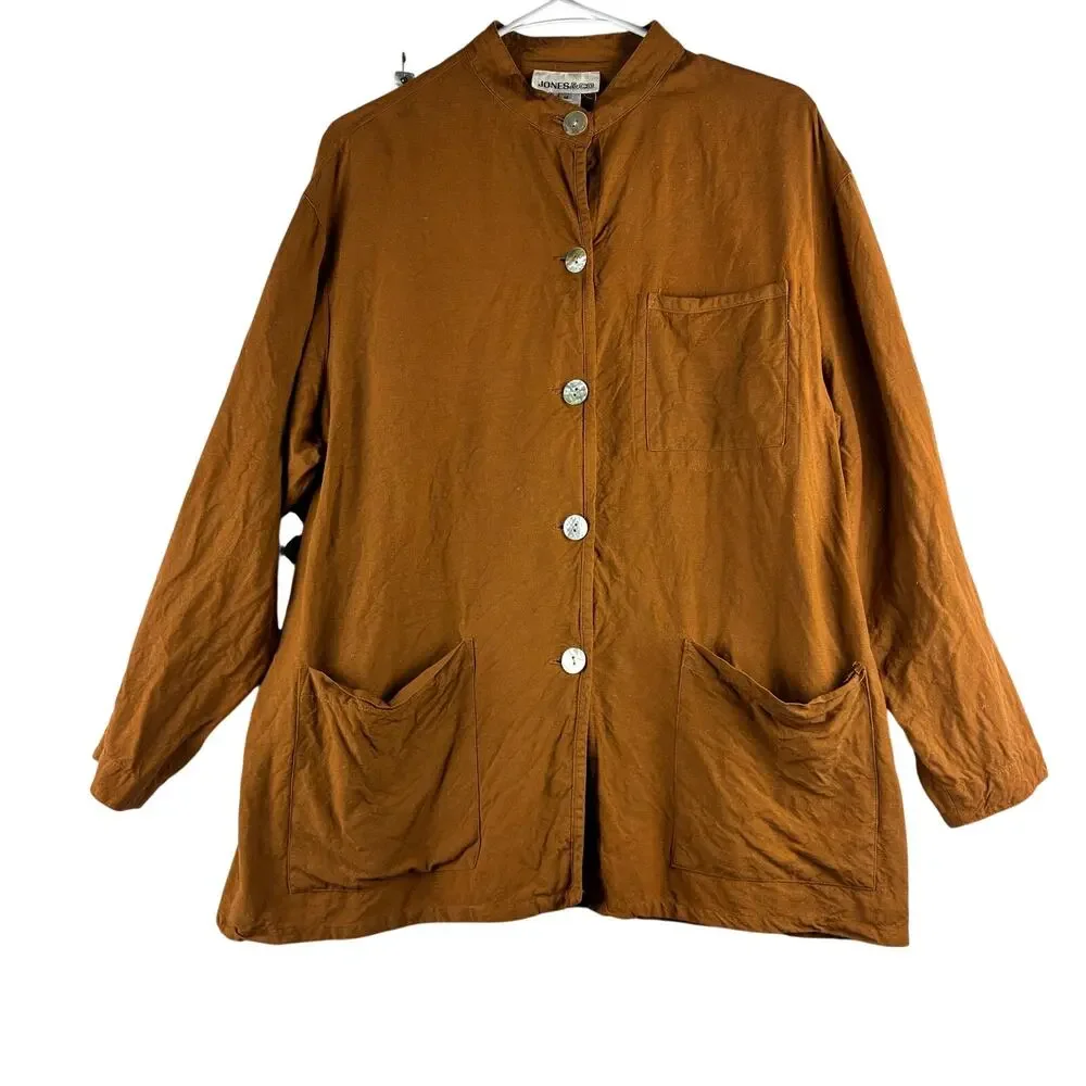 Jones & Co Mother of Pearl Button Up Linen Tunic Top Terra Cotta Womens Medium